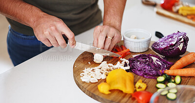 Buy stock photo Hands, cooking and man with vegetables meal prep in kitchen for healthy salad, nutrition and lunch. Food, person and cut mushrooms in home for recipe ingredients, vegetarian dish and brunch process