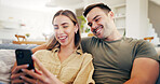 Couple, laughing and relax with phone in house, bonding or streaming video with subscription on sofa. Happy people, home and watching funny comedy with partner, internet search and series on mobile