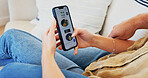 Hands, menu and phone screen for online order with couple on sofa in living room of home together. App, food and scrolling with people talking in apartment for decision, ecommerce delivery or meal