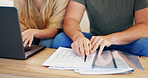 Laptop, hands and couple with budget documents, financial records or asset management with review. Paperwork, man or woman at house with savings on computer for planning, expense information or bills