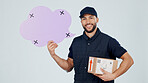 Delivery man, box and speech bubble in studio for shipping, info or social media for courier service. Happy person, package or logistics portrait for dropshipping dialogue, chat mockup and background