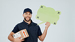 Delivery man, box and speech bubble in portrait for shipping, info or social media for courier service. Happy person, package or logistics for dropshipping dialogue, chat mockup and studio background