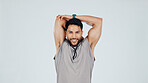Portrait, man and stretching arms in studio with fitness, exercise and training for bodybuilding. Mockup space, happy person and bodybuilder with warm up, workout and wellness on white background.