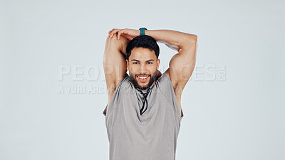 Buy stock photo Portrait, man and stretching arms in studio with fitness, exercise and training for bodybuilding. Mockup space, happy person and bodybuilder with warm up, workout and wellness on white background.