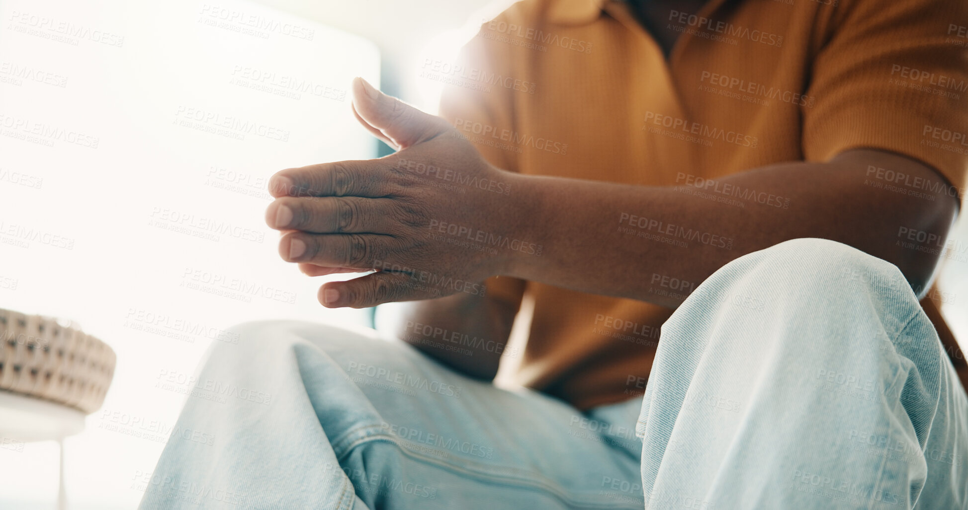 Buy stock photo Man, hands and waiting with anxiety in home for financial crisis, jobless or emotional regret. Male person, stress and mistake with debt, personal loan or disorder for unemployment or doubt in house