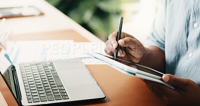 Buy stock photo Man, hands and writing with tablet in office for web design, schedule or business checklist. Male person, designer and pen with technology for creative innovation, UX or UI development in workplace