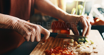 Buy stock photo Mature, hands and cutting with vegetables in kitchen for meal prep, cooking or healthy food. Person, knife and organic ingredients with culinary skill, vitamins or nutrition for vegan recipe or salad