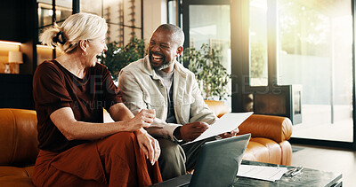 Buy stock photo Happy, finance and mature couple with document in home for budget success, winning or profit together. Interracial people, excited or paperwork with laptop for financial investment or good news