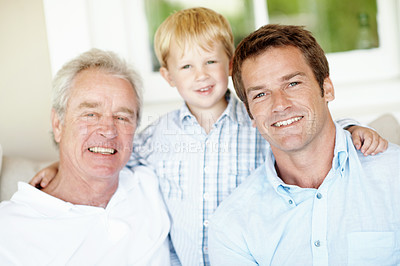 Buy stock photo Family, relax and kid at house with smile, love and bonding together with affection. Portrait, father or grandfather embrace in living room with child, connection and generations relationship in home