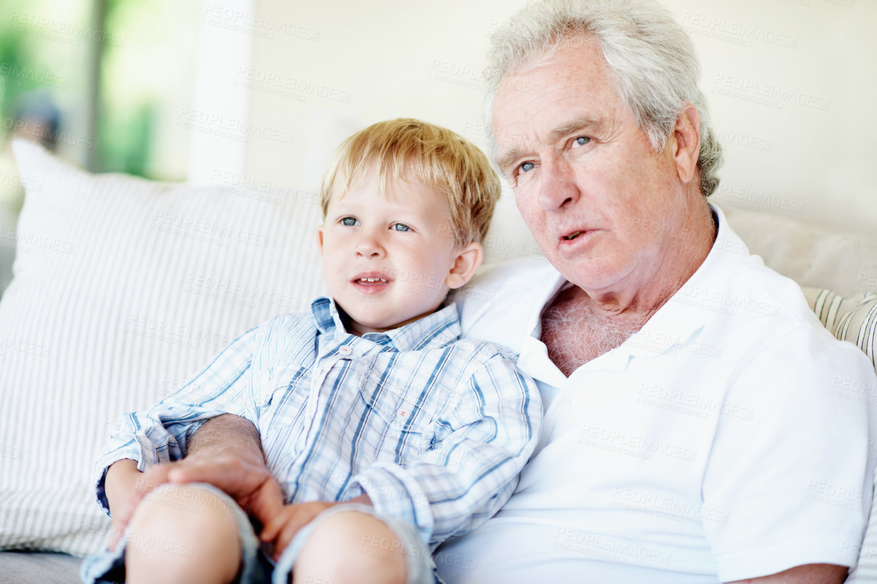 Buy stock photo Childcare, grandfather and boy in house with hug, healthy relationship or bonding for child growth. Love, grandparent or grandchild with embrace, support or family connection in childhood development
