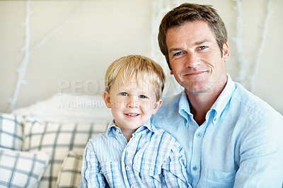 Buy stock photo Smile, portrait and dad with child on sofa for bonding, relationship and love for fathers day. Family, happy and man with kid on couch for connection, support and relax together on weekend in home