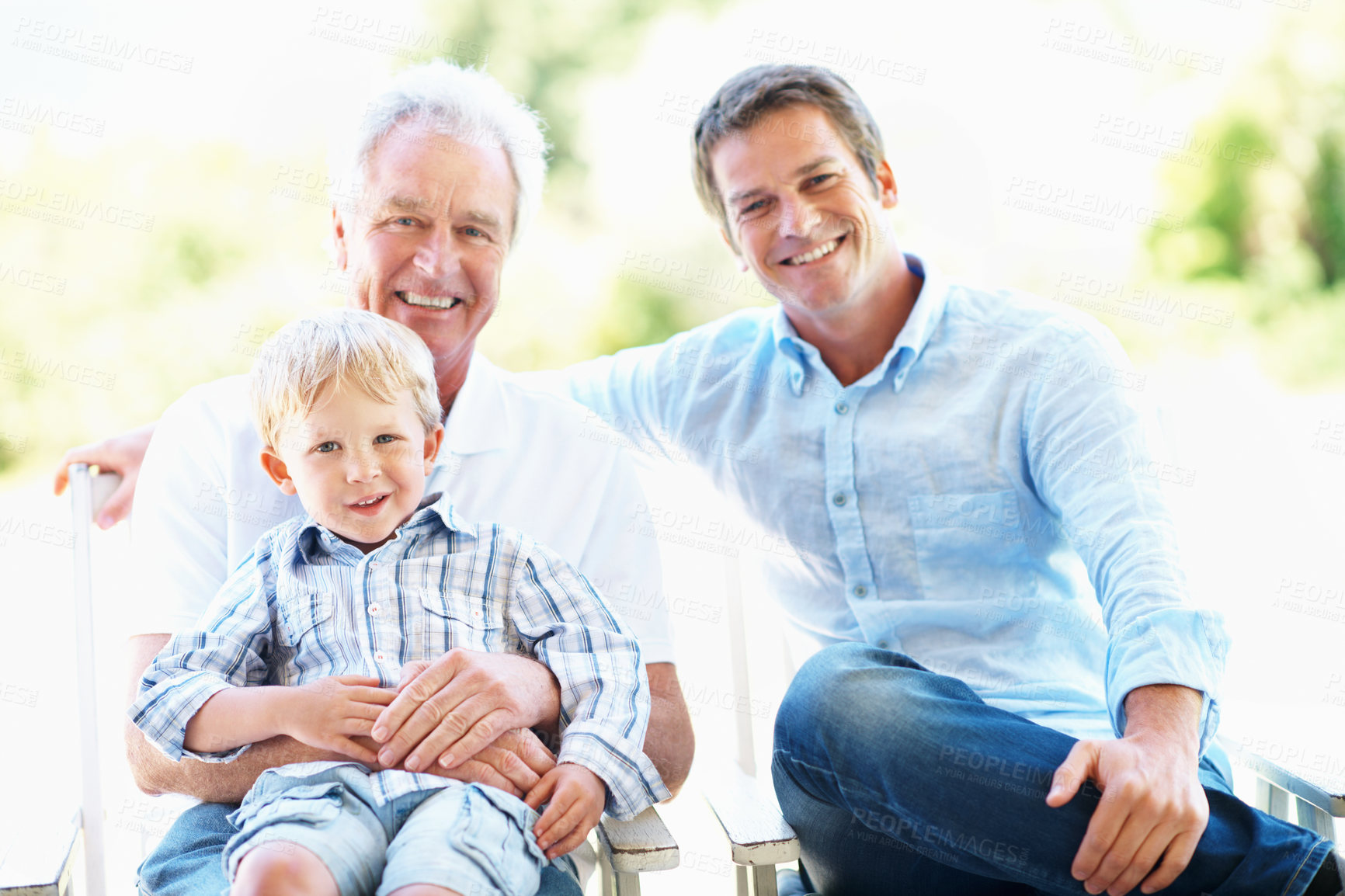Buy stock photo Portrait, family and child with smile in park for love, summer trip or bonding together. Grandfather, dad and grandparent with boy in nature for generations, weekend break and vacation or holiday