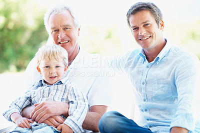 Buy stock photo Portrait, father and grandfather with child in park for love, summer trip or bonding together. Family, dad and grandparent with boy in nature for connection, weekend break and vacation or holiday