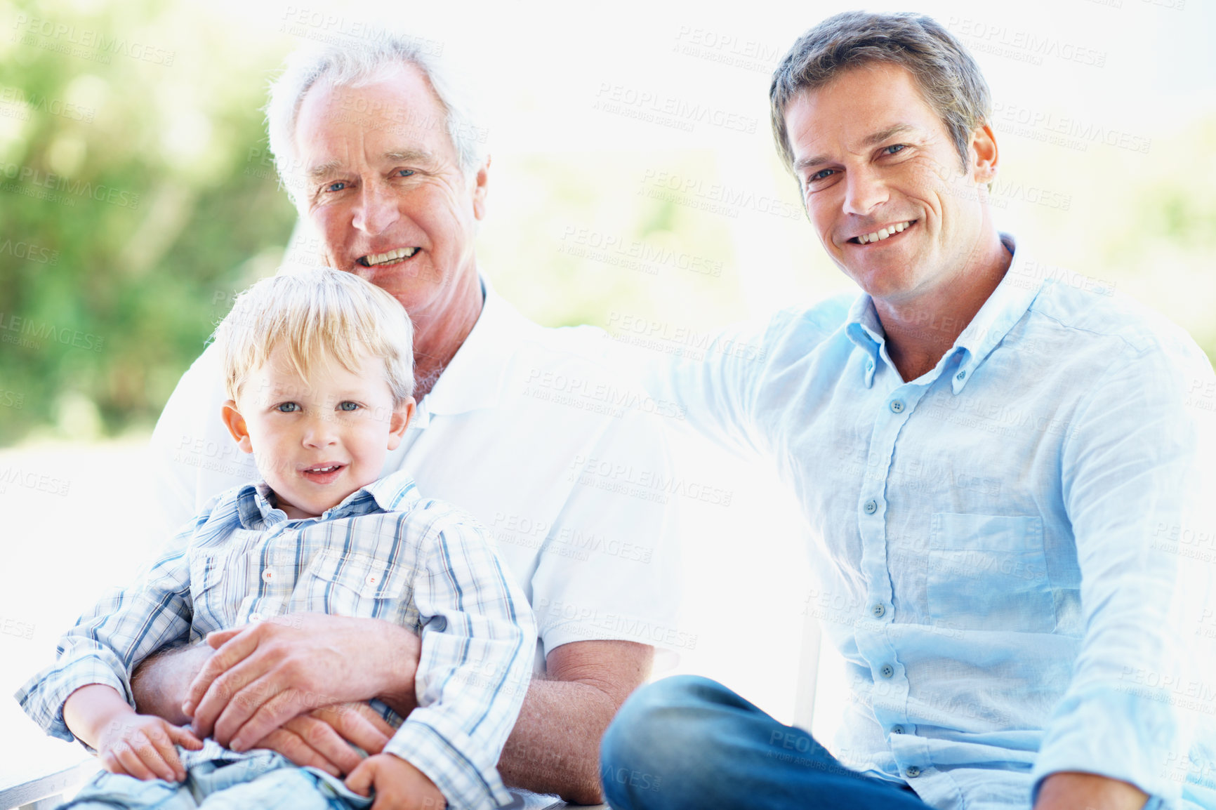 Buy stock photo Portrait, father and grandfather with child in park for love, summer trip or bonding together. Family, dad and grandparent with boy in nature for connection, weekend break and vacation or holiday