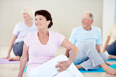 Buy stock photo Fitness, stretching and thinking with old woman in pilates studio for activity, health or wellness. Exercise, vision and warm up with senior people in gym class for flexibility, mobility or training