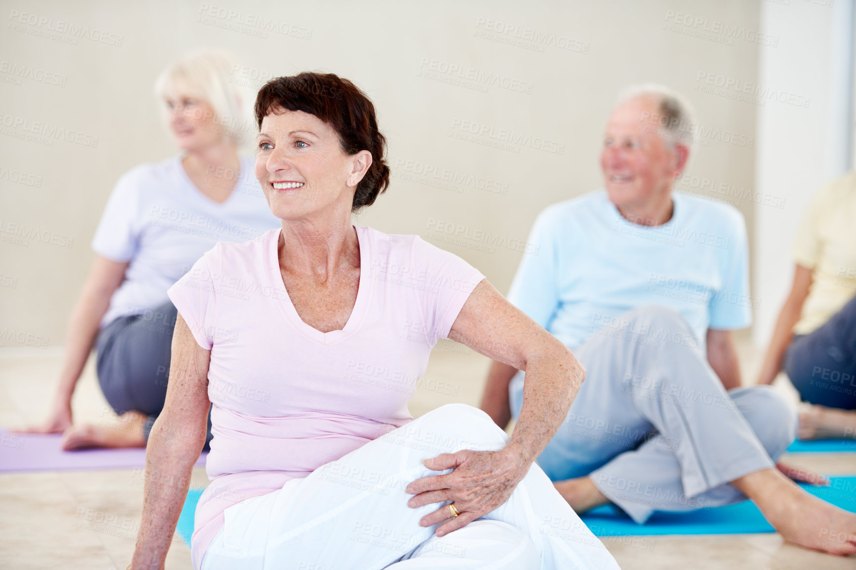 Buy stock photo Fitness, stretching and thinking with old woman in pilates studio for activity, health or wellness. Exercise, vision and warm up with senior people in gym class for flexibility, mobility or training