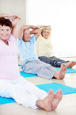 Buy stock photo Wellness, yoga and old man with stretching in class for physical mobility, start exercise or health. Studio, senior person or group with arm warm up for retirement fitness, practice session or active