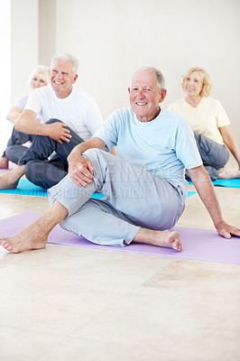 Buy stock photo Elderly people, smile and warm up in gym for pilates, preparation and wellness. Senior person, instructor and group in health club with stretching, mobility workout or fitness class for retirement