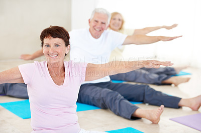 Buy stock photo Portrait, woman and stretching with old people for yoga, holistic balance and retirement hobby. Smile, yogi and warm up with senior community for fitness, physical therapy and guidance for wellness