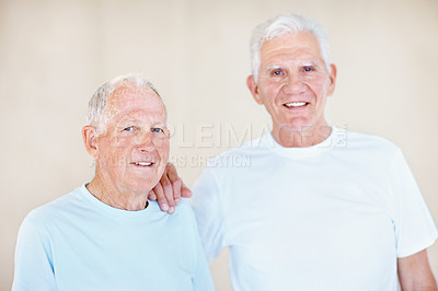 Buy stock photo Fitness, pilates and portrait of senior friends in studio together for health, retirement or support. Exercise, vitality and wellness with old men in gym class for development or improvement