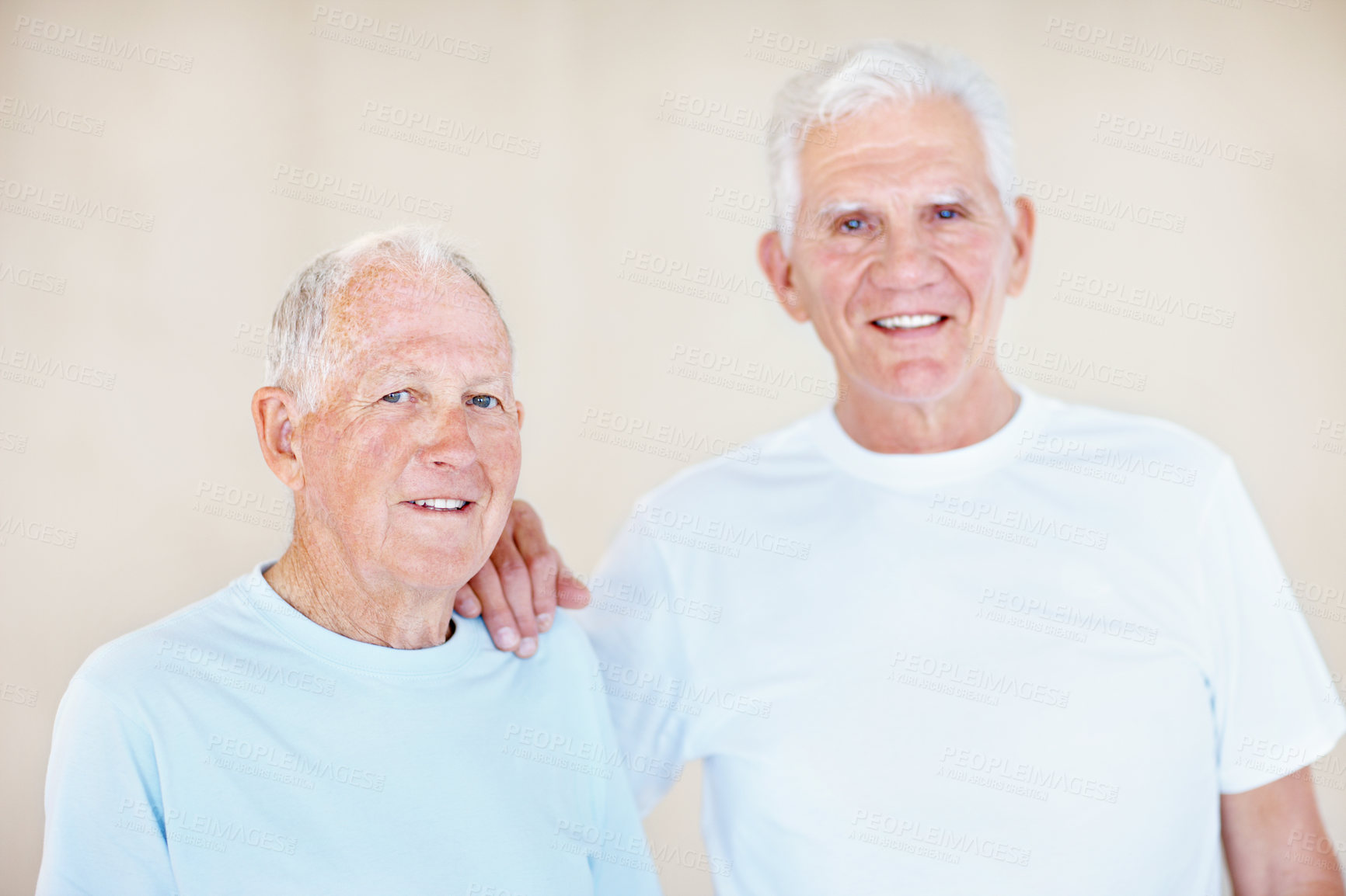Buy stock photo Fitness, pilates and portrait of senior friends in studio together for health, retirement or support. Exercise, vitality and wellness with old men in gym class for development or improvement