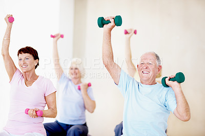 Buy stock photo Fitness, dumbbell and senior people in class for exercise, wellness and training for mobility. Retirement, health club and elderly group with weights for balance, muscle strength and workout together