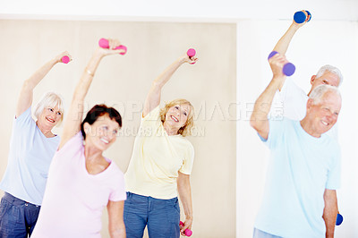 Buy stock photo Weights, stretching and senior people in class for exercise, wellness and training for mobility. Retirement, gym and elderly men and women with dumbbells for health, muscle strength and workout