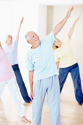 Buy stock photo Pilates, reaching and smile with senior friends in studio for fitness, health or wellness. Exercise, group and stretching with old people in gym class together for activity, retirement or training