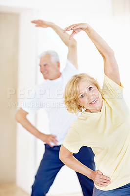 Buy stock photo Stretching, portrait and old woman with husband in yoga class, happy and balance in retirement home. Senior resident, smile and couple in health club for mobility exercise, fitness and cardio