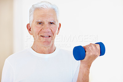 Buy stock photo Dumbbell, fitness and portrait of senior man in studio for health, training or wellness. Exercise, space and weightlifting with old person at gym for improvement, physical activity or retirement