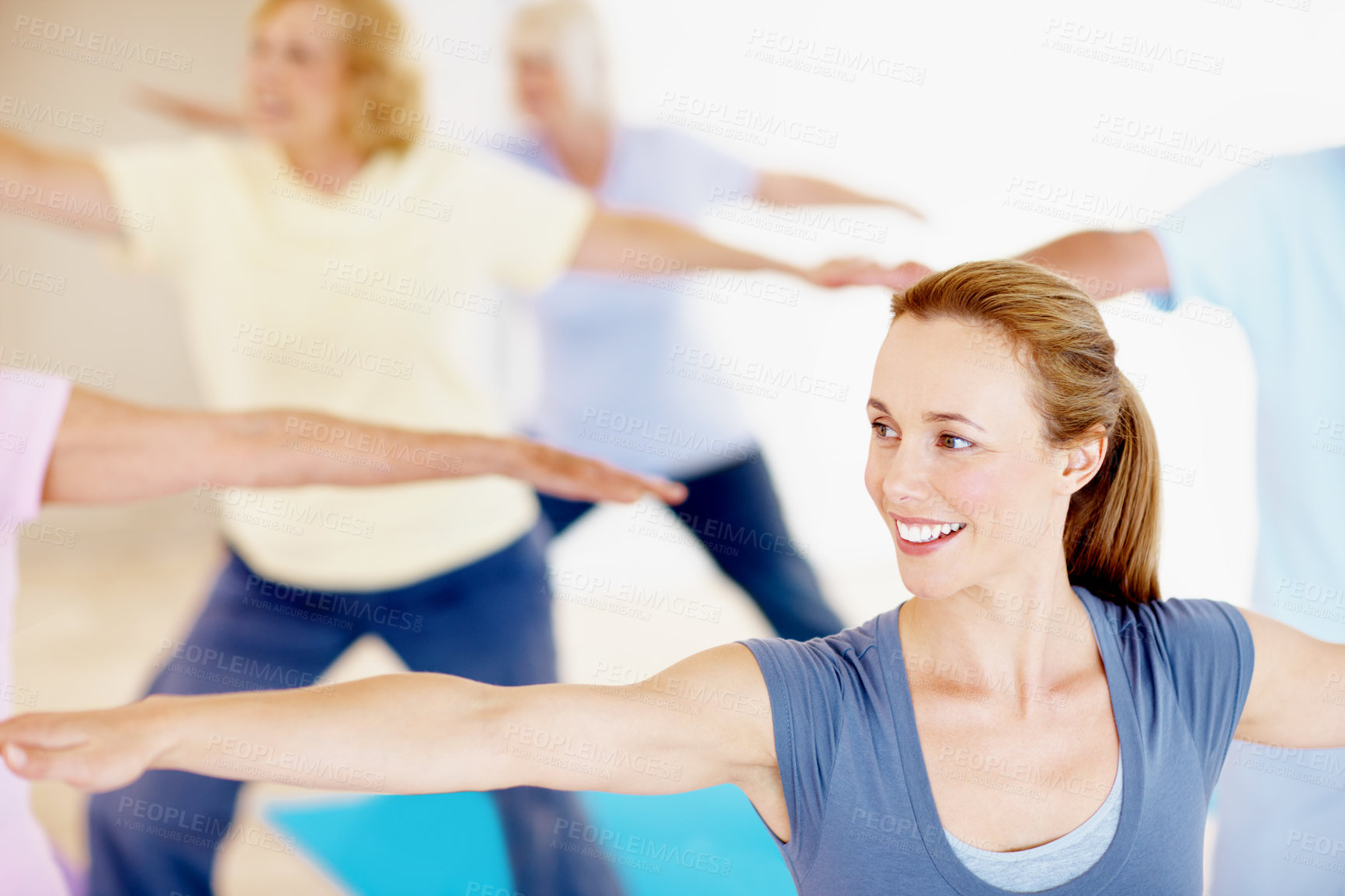Buy stock photo Coach, smile and stretching with old people for yoga, holistic balance and retirement hobby. Happy, woman and warrior posture with senior group for physical therapy, coaching community and wellness