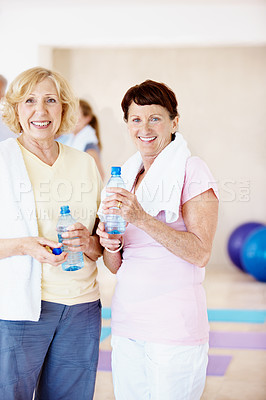 Buy stock photo Portrait, happy or old women in fitness center with water, cardio rest or bonding in workout hobby. Smile, towel or friends with drink, class connection or hydration recovery in retirement training.