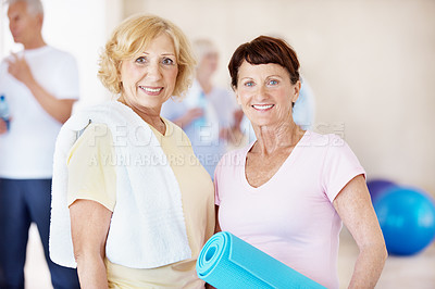 Buy stock photo Fitness, old women and happy in pilates class for exercise break, retirement wellness and portrait. Mat, friends and senior people with group in studio for holistic practice, pensioner health or rest