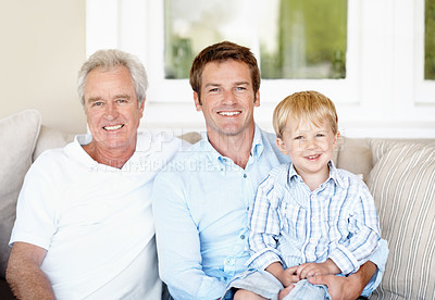 Buy stock photo Sofa, portrait and grandpa with dad and child for love, bonding and relax together on weekend. Generations, family and boy with senior man, father and happy for relationship, care and laugh in home