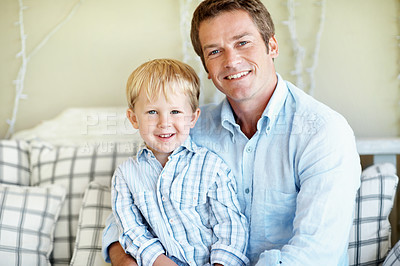 Buy stock photo Happy, portrait and dad with child in home for bonding, relationship and love on sofa for fathers day. Family, smile and man with kid on couch for connection, support and relax together on weekend