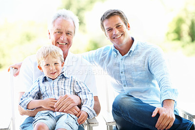 Buy stock photo Portrait, dad and grandfather with child in park for love, summer trip or bonding together. Family, father and grandparent with boy in nature for connection, weekend break and vacation or holiday