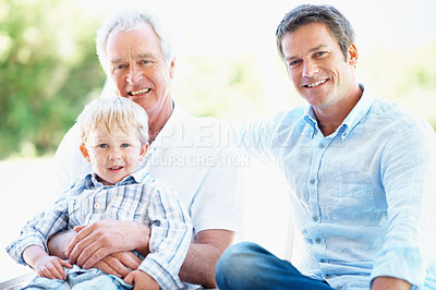 Buy stock photo Portrait, father and grandparent with child in park for love, summer trip or bonding together. Family, dad and grandfather with boy in nature for generations, weekend break and vacation or holiday