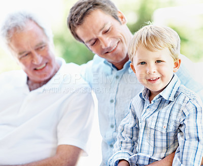 Buy stock photo Grandfather, dad and child with smile in park for love, summer trip or bonding together. Portrait, family and grandparent with boy in nature for connection, weekend break and vacation or holiday