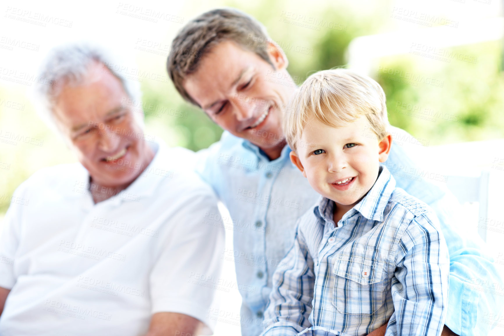 Buy stock photo Old man, smile and dad with child on break, bonding and connection with grandson on peaceful holiday. Family, generations and happy people with kid, portrait and fathers day celebration with boy