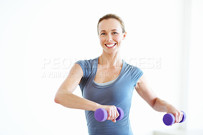 Buy stock photo Dumbbells, pilates and portrait with happy woman in studio for development or training. Fitness, smile and space with person in gym for holistic health, weightlifting challenge or wellness activity