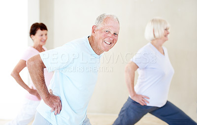 Buy stock photo Old people, portrait and stretching in gym class for exercise, preparation and wellness. Senior man, instructor and group in health club with warm up, mobility workout or fitness for retirement
