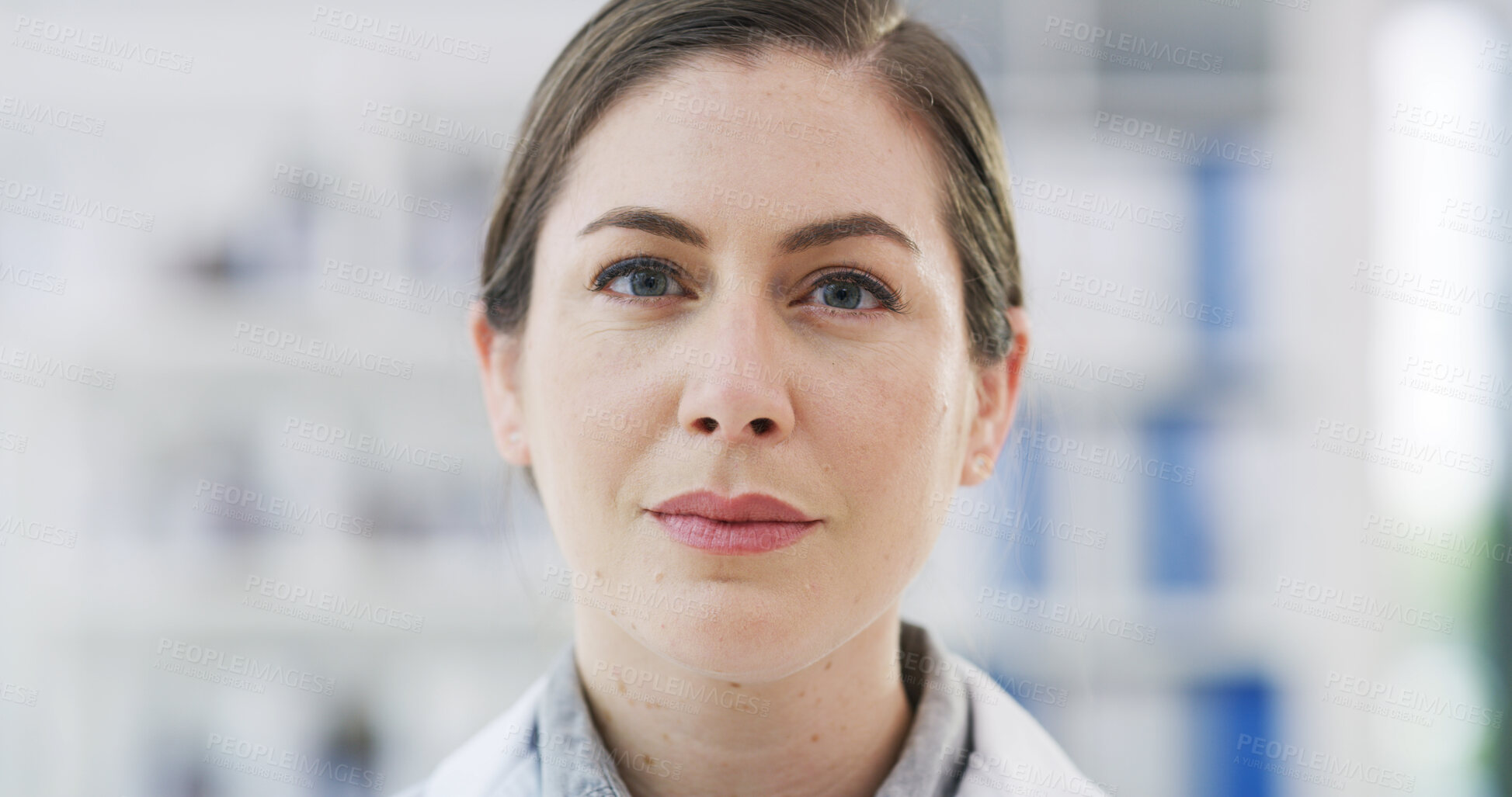 Buy stock photo Portrait, scientist and woman with confidence in lab, biochemistry research and molecule experiment. Space, medical testing or researcher with pride for biological study, cure development or about us