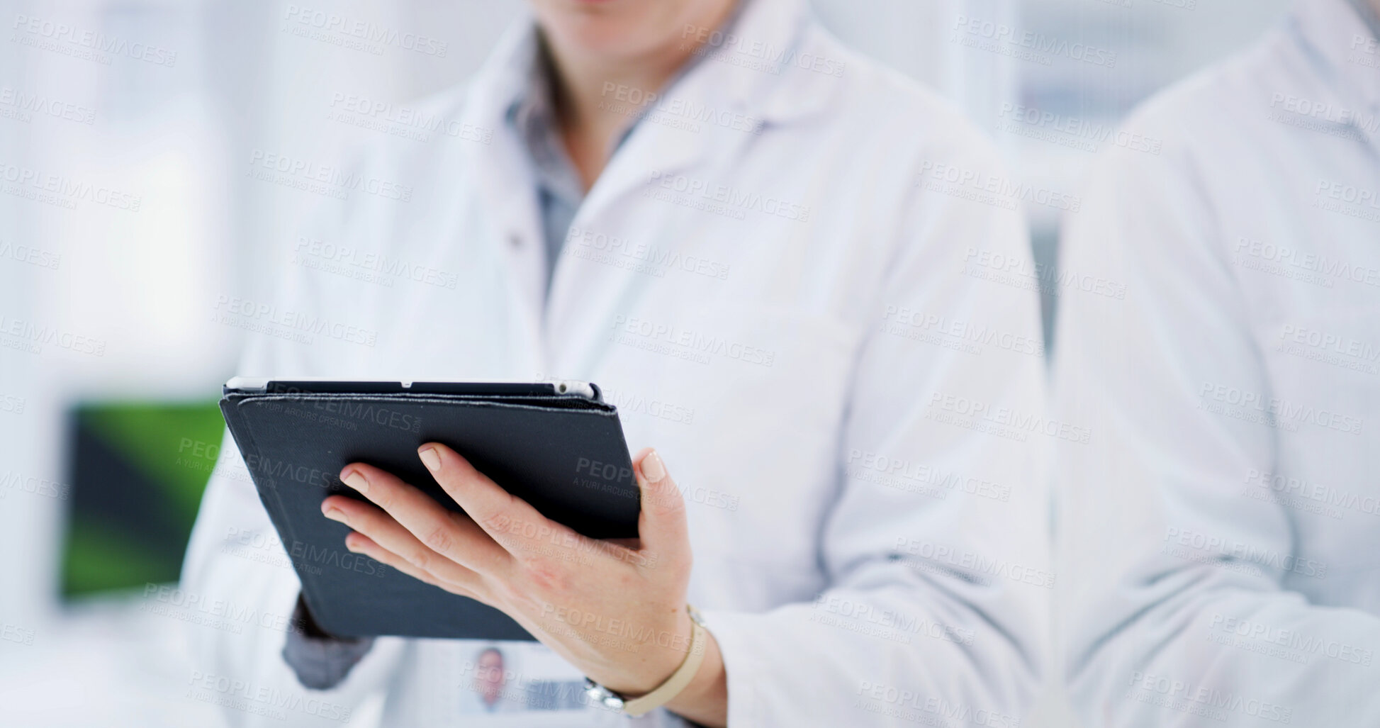 Buy stock photo Hands, scientist and reading in lab with tablet, research and results of medical experiment. Person, review or digital in workplace with checklist, study report and information on vaccine development