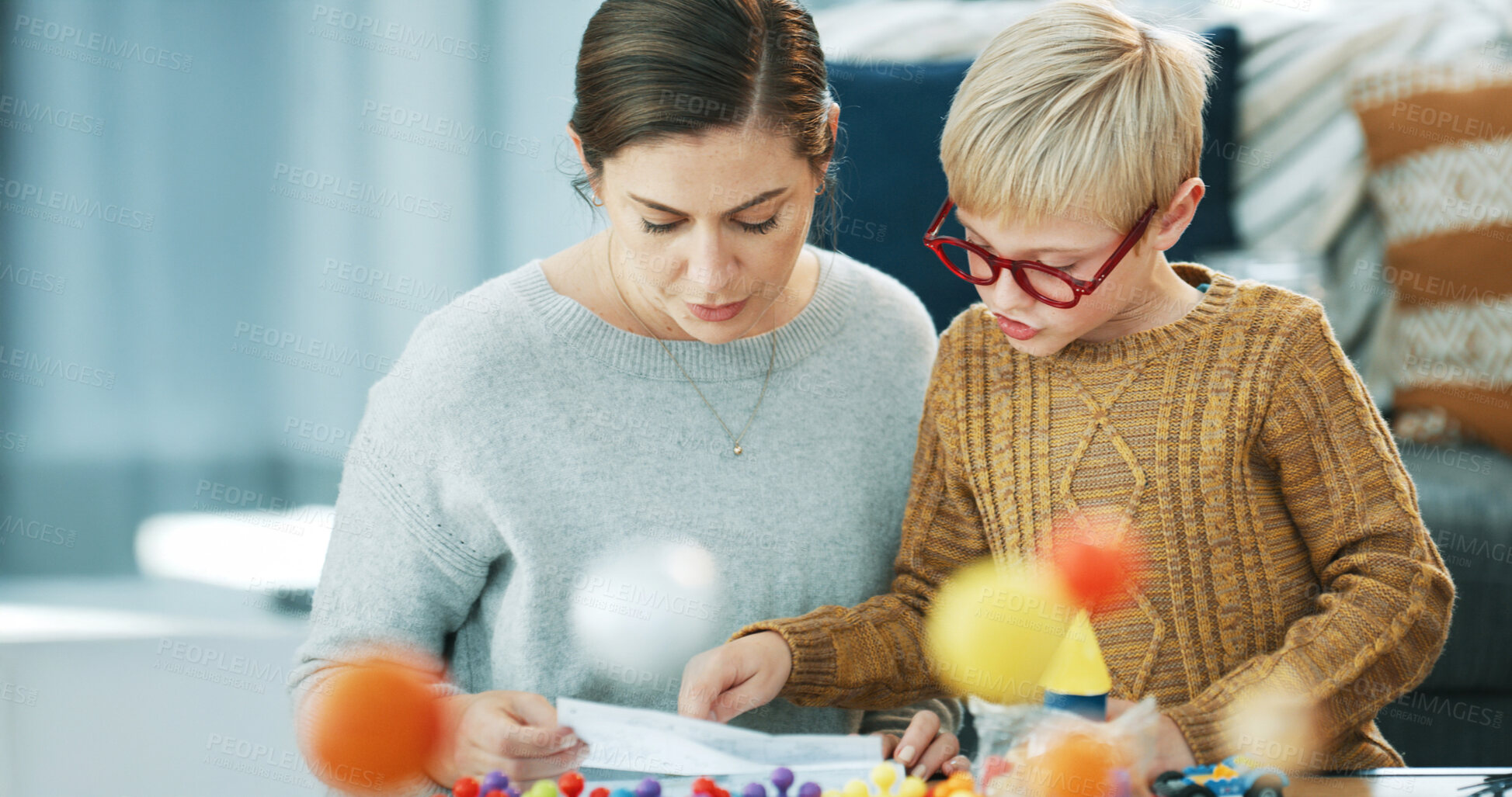 Buy stock photo Homework, help and mom with child for science project, learning and school activity in home. Family, house and mother with boy for education, lesson and knowledge for bonding, development or teaching
