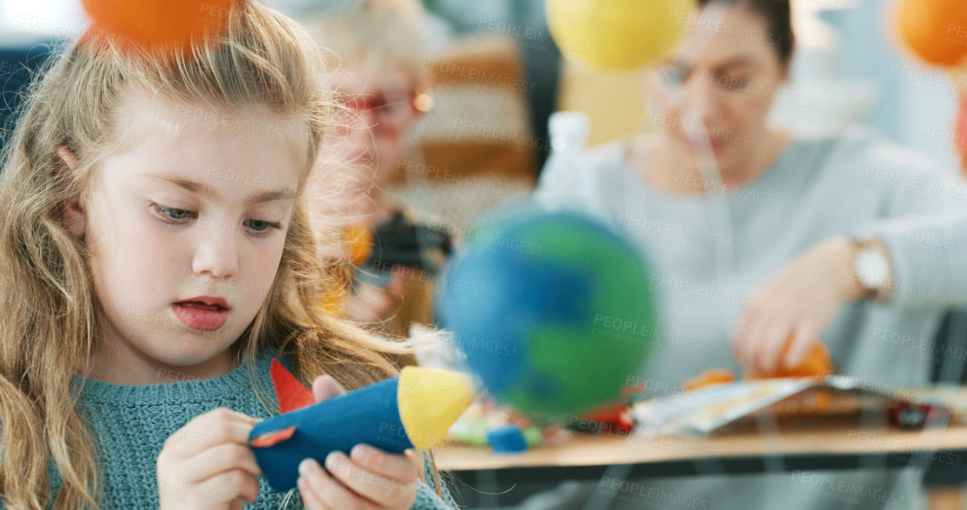 Buy stock photo Girl, science and toy with model for project, education or assignment with bonding in house. Learning, student and thinking with rocket for development, school homework or astronomy study in home