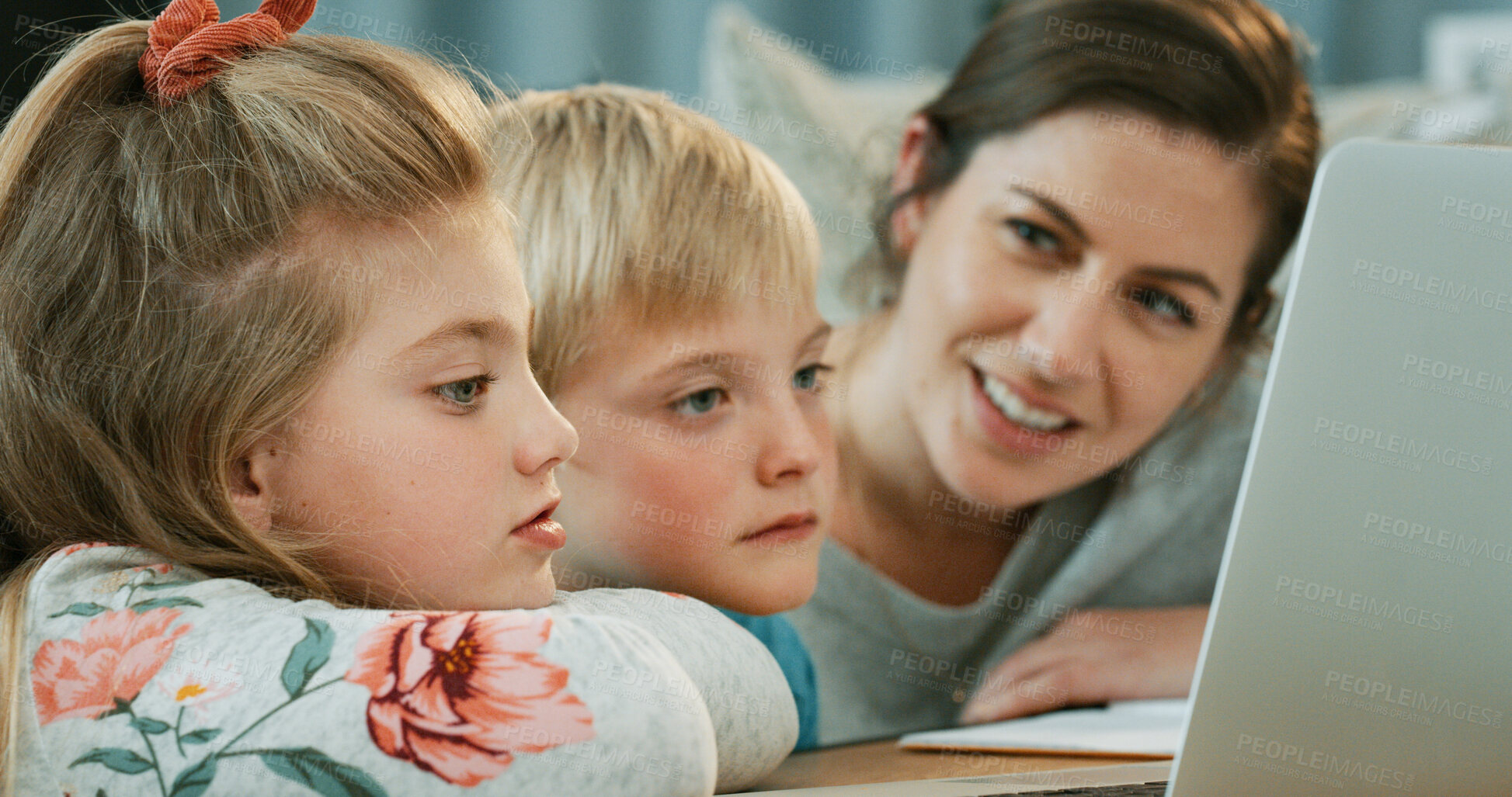 Buy stock photo Learning, mother or children with laptop in house, educational movie or internet video for knowledge. Watch, happy woman and bored kids with pc for elearning app, online class and academic platform