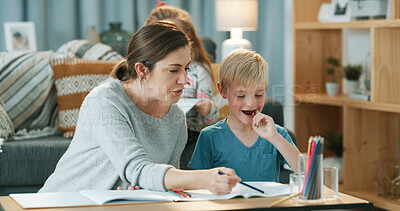 Buy stock photo Mother, notebook and child in home for education, learning and helping with school assessment. Woman, talking and kid at house with book, academic guidance and studying notes for elearning assignment