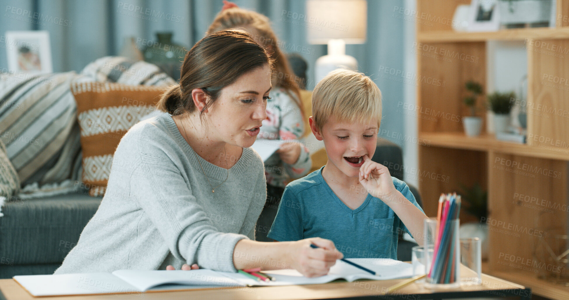 Buy stock photo Mother, notebook and child in home for education, learning and helping with school assessment. Woman, talking and kid at house with book, academic guidance and studying notes for elearning assignment