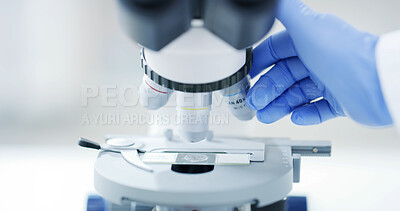 Buy stock photo Person, hands and forensic science with microscope for medical research or study in laboratory. Biologist, scientist or sample with biotechnology test for micro examination, innovation or experiment