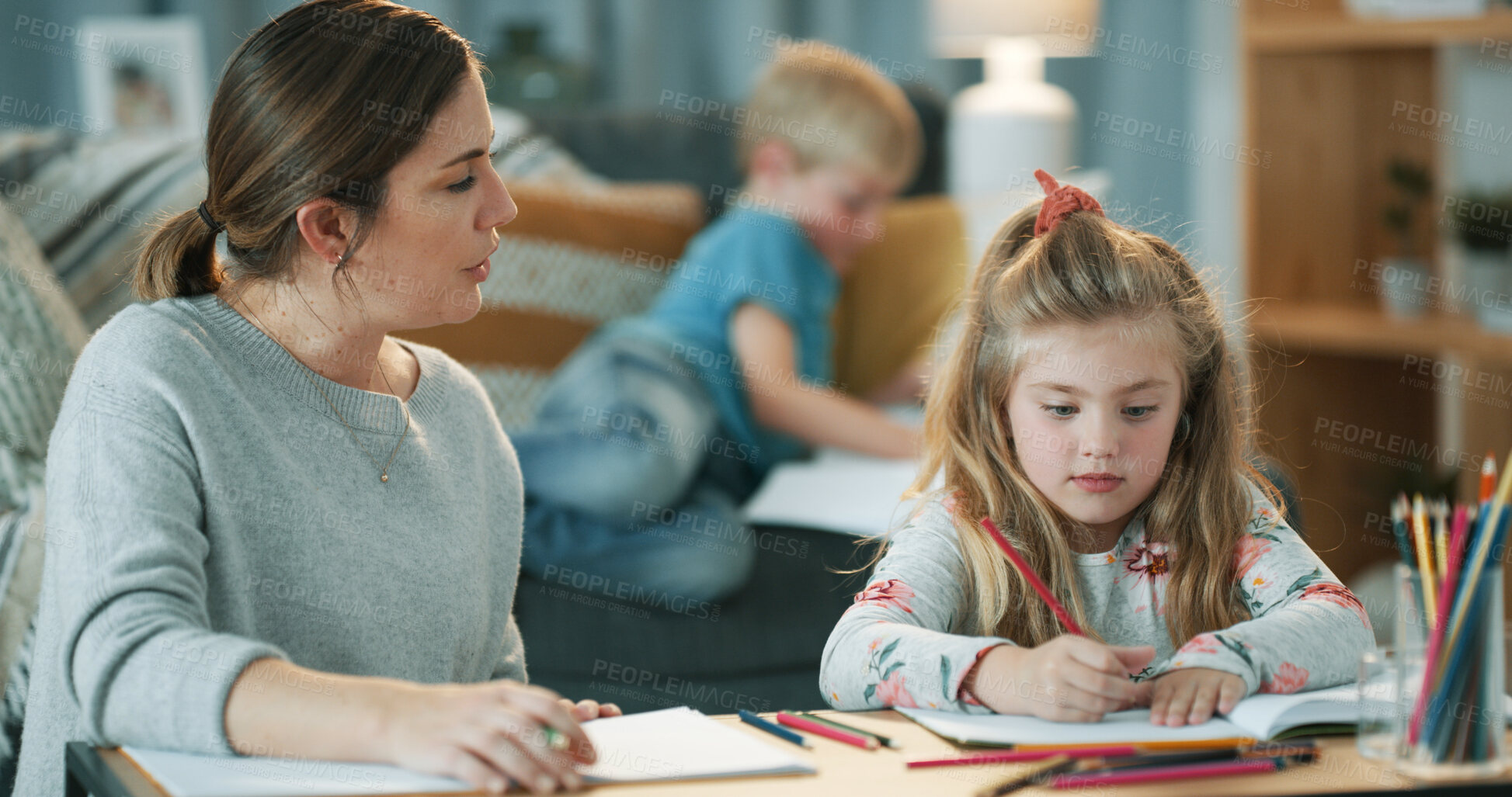 Buy stock photo Mother, notebook and kid in home for education, learning and helping with school assessment. Woman, talking and child at house with book, academic guidance and practice handwriting for writing skills
